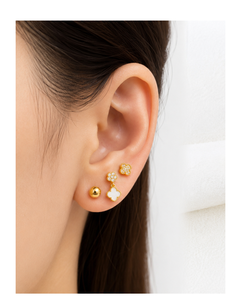 Gold Clover Charm & Stud Earring Set