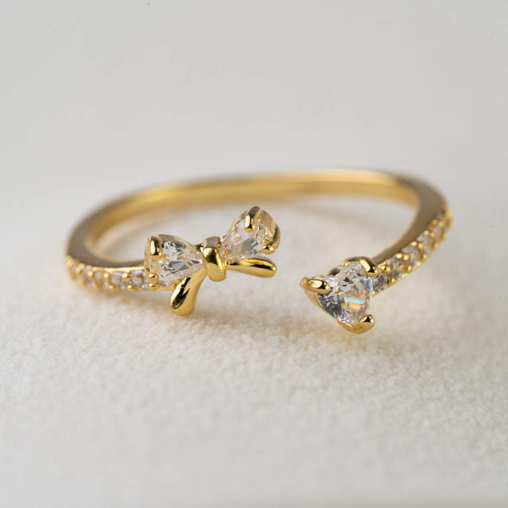 Delicate Bow & Heart Crystal Ring