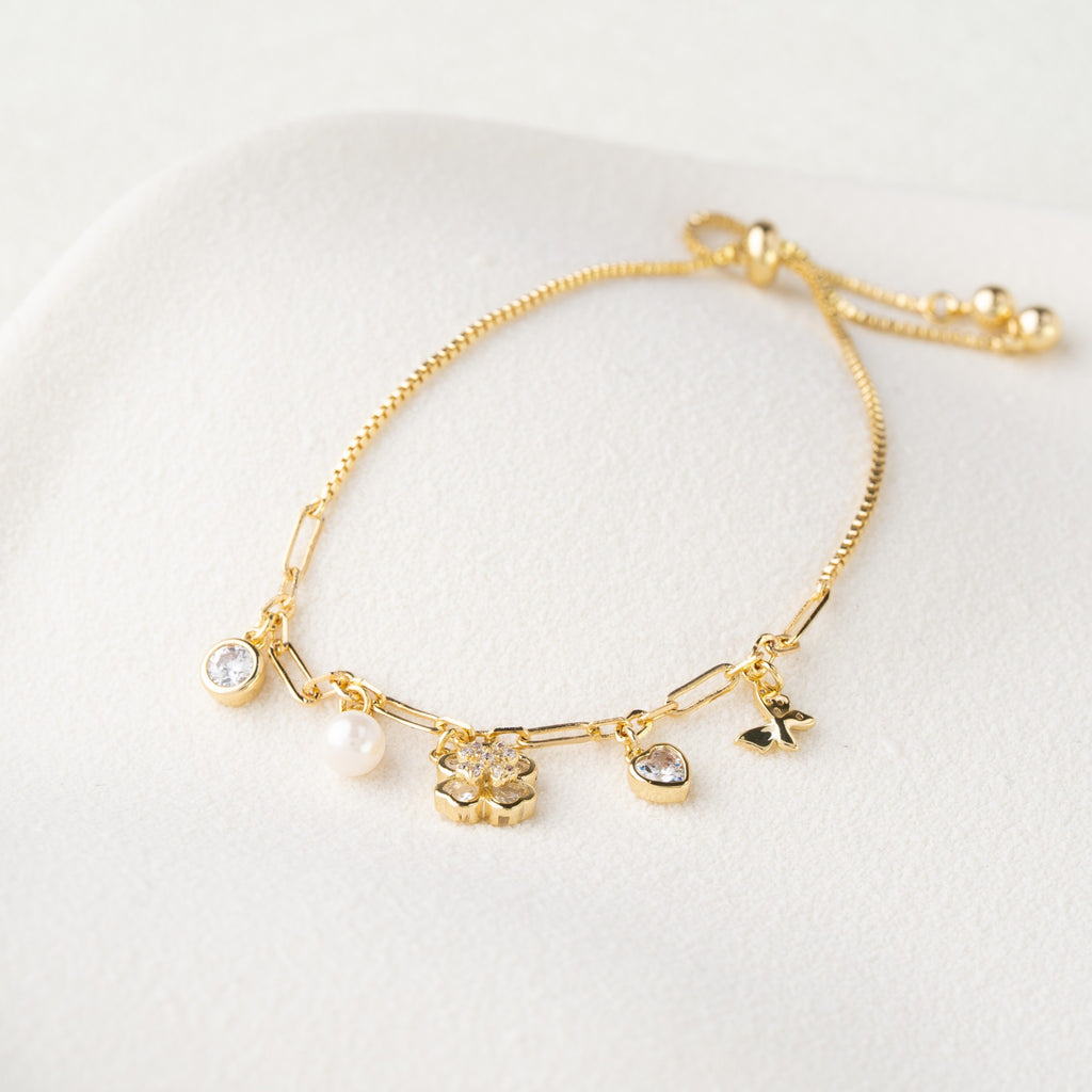 Multi Charm Crystal & Pearl Adjustable Bracelet