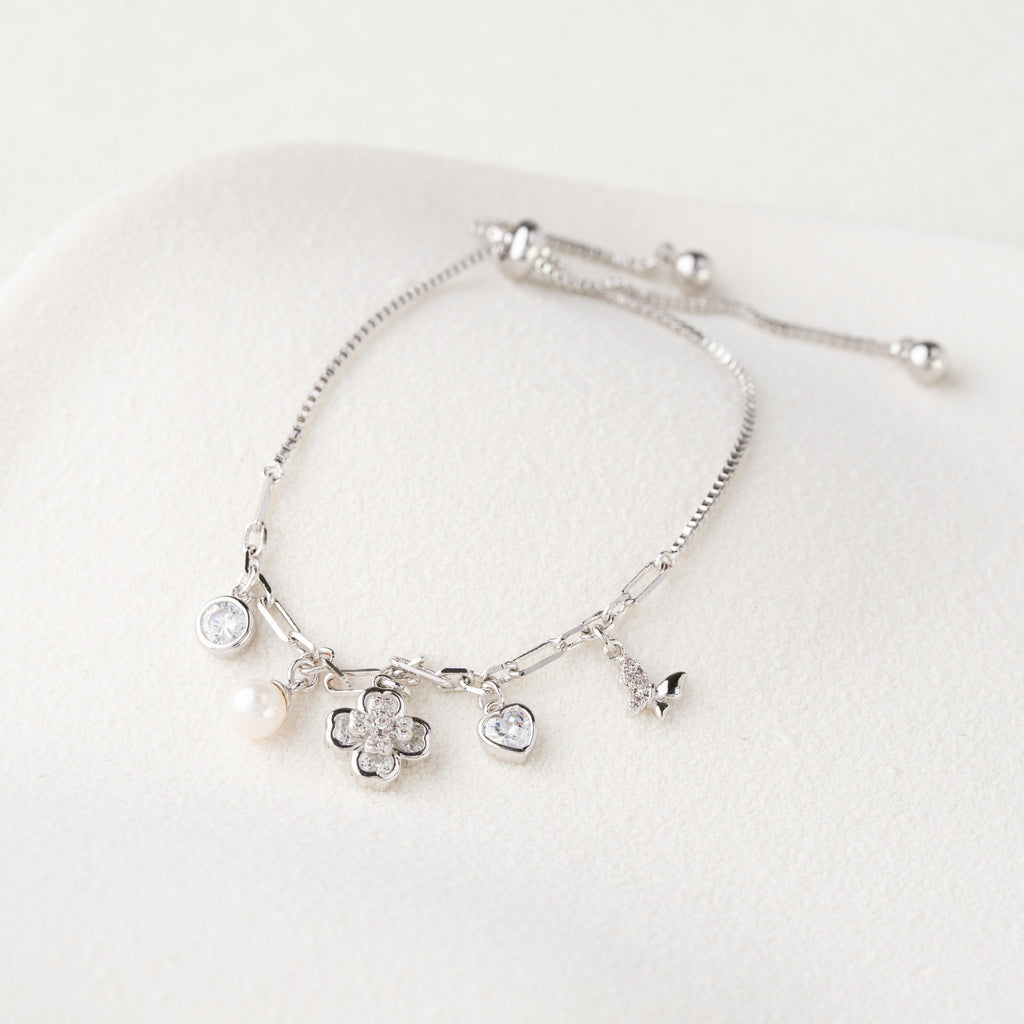 Multi Charm Crystal & Pearl Adjustable Bracelet