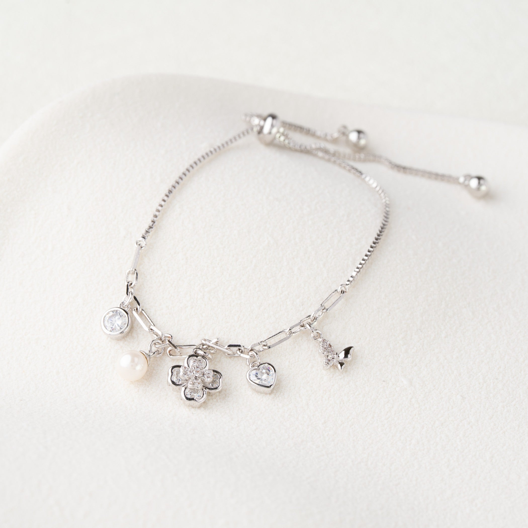 Multi Charm Crystal & Pearl Adjustable Bracelet