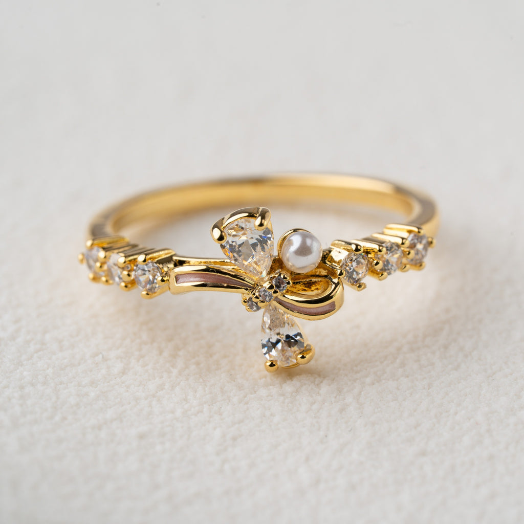 Elegant Bow Pearl & Crystal Ring