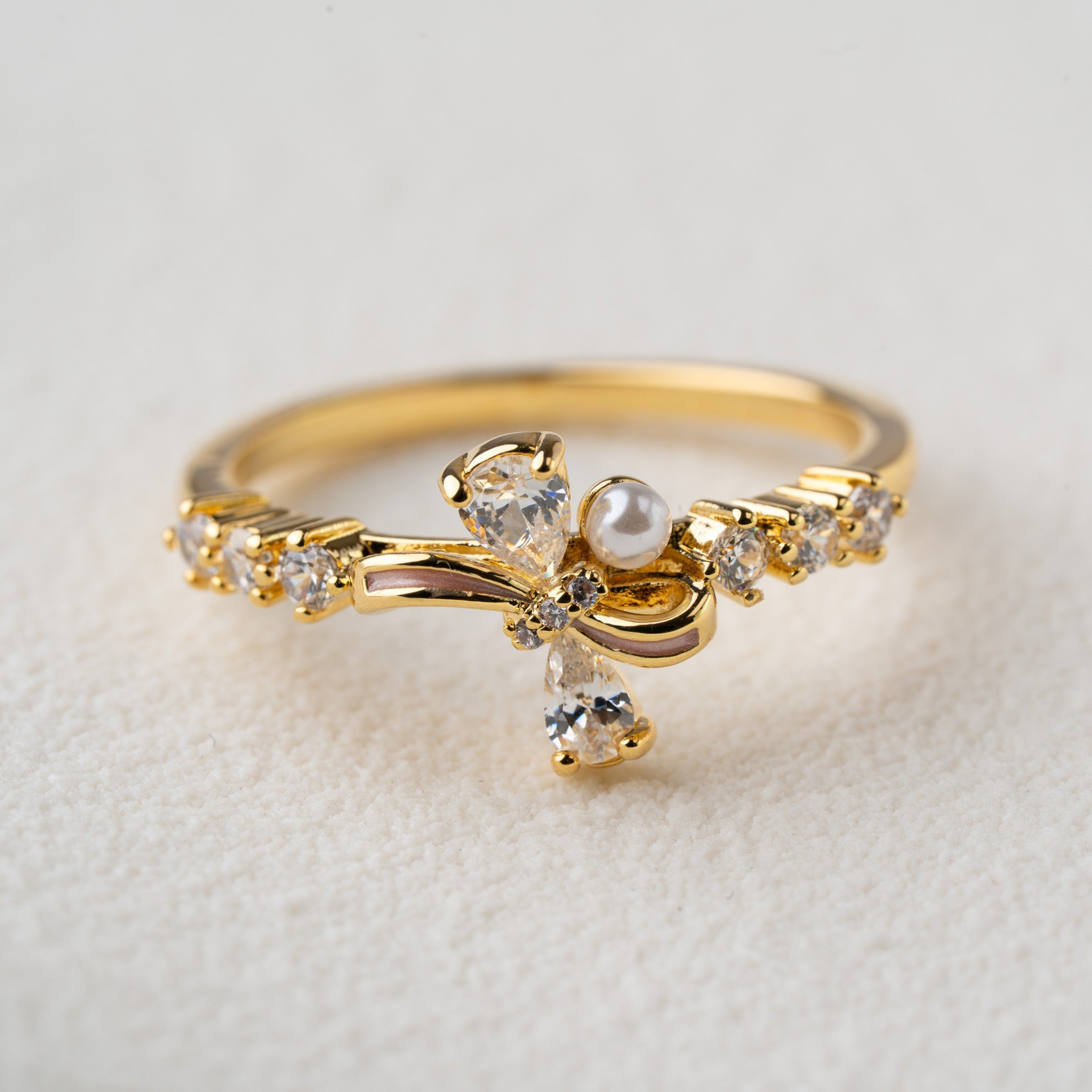 Elegant Bow Pearl & Crystal Ring