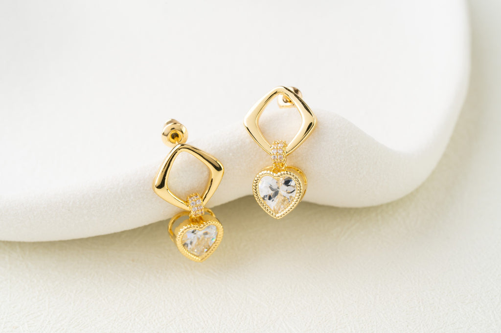Geometric Heart Crystal Drop Earrings