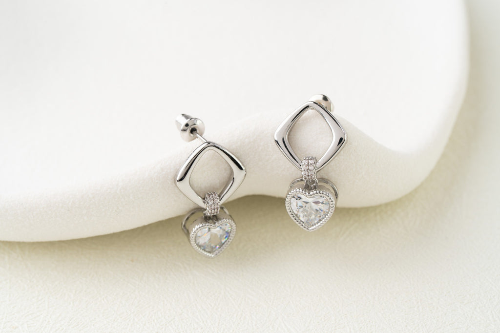 Geometric Heart Crystal Drop Earrings