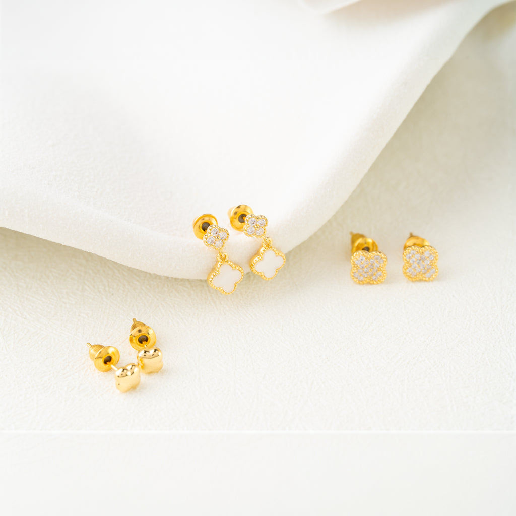 Gold Clover Charm & Stud Earring Set