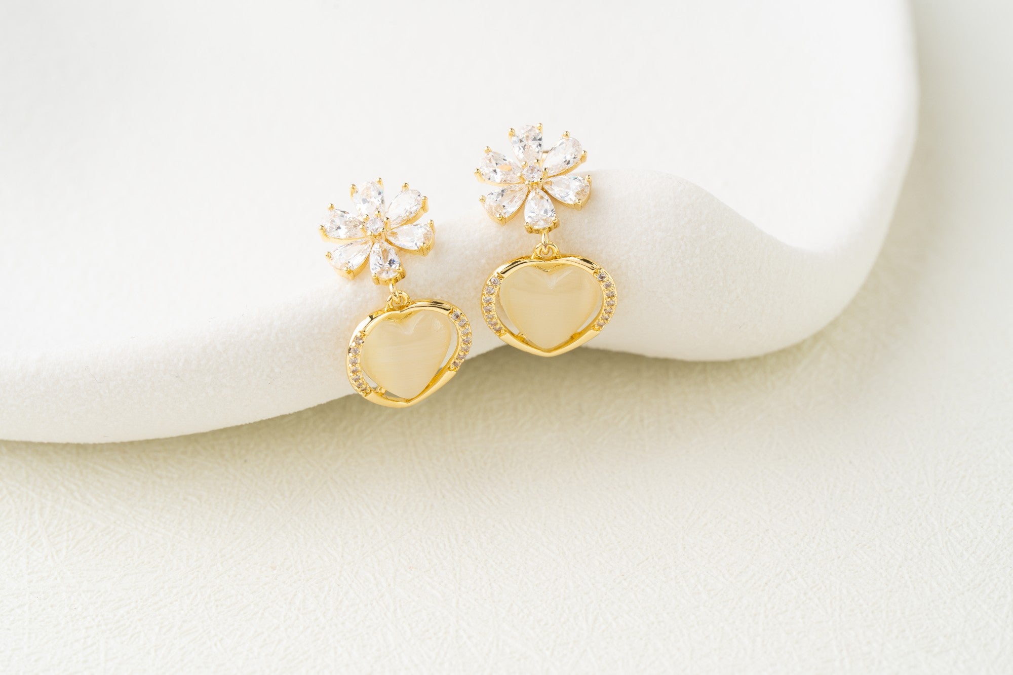 Crystal Flower & Heart Drop Earrings