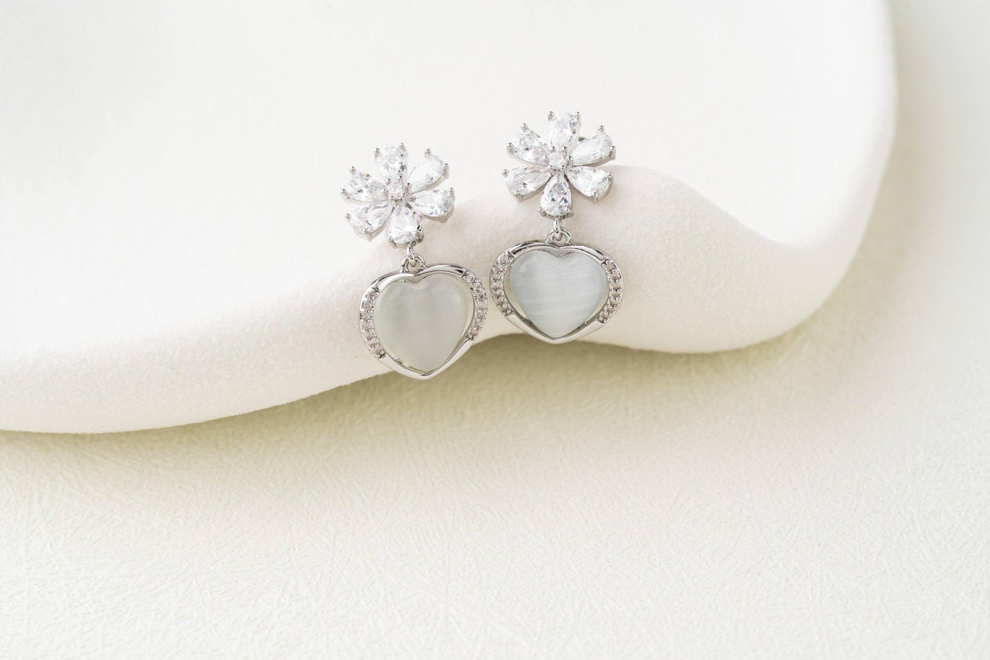 Crystal Flower & Heart Drop Earrings