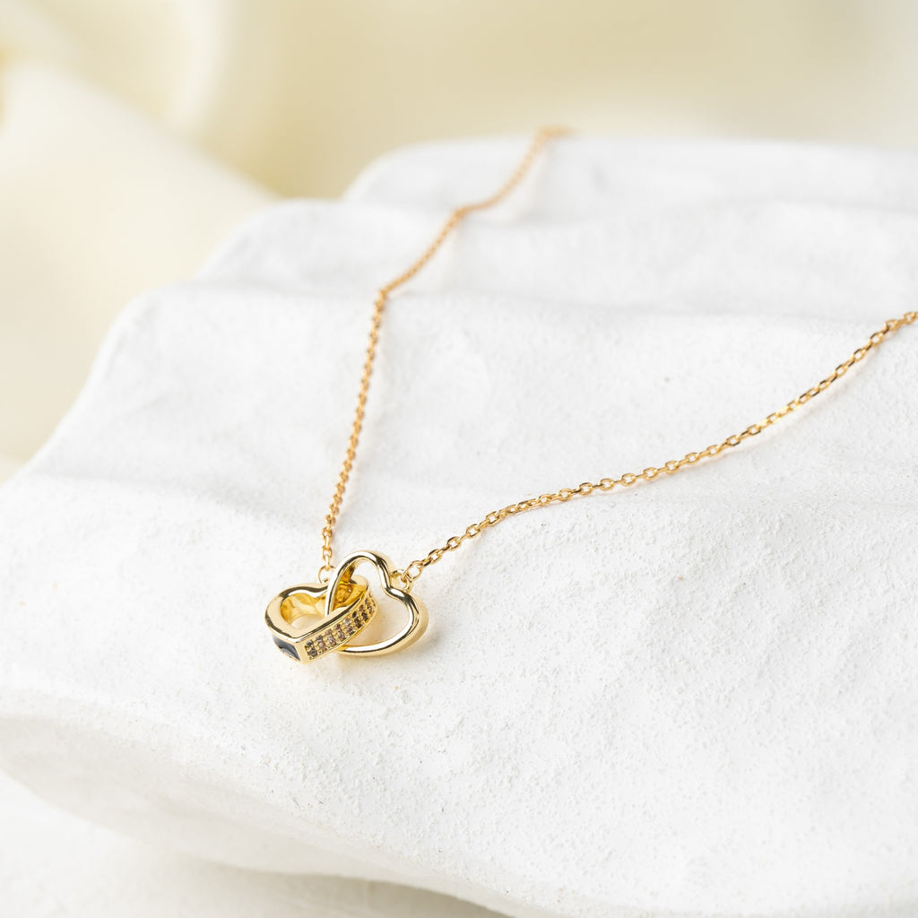 Interlocking Heart Pendant Necklace with Crystal Band