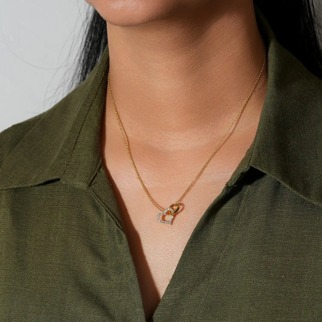 Double Heart Charm Necklace with Crystal Accent