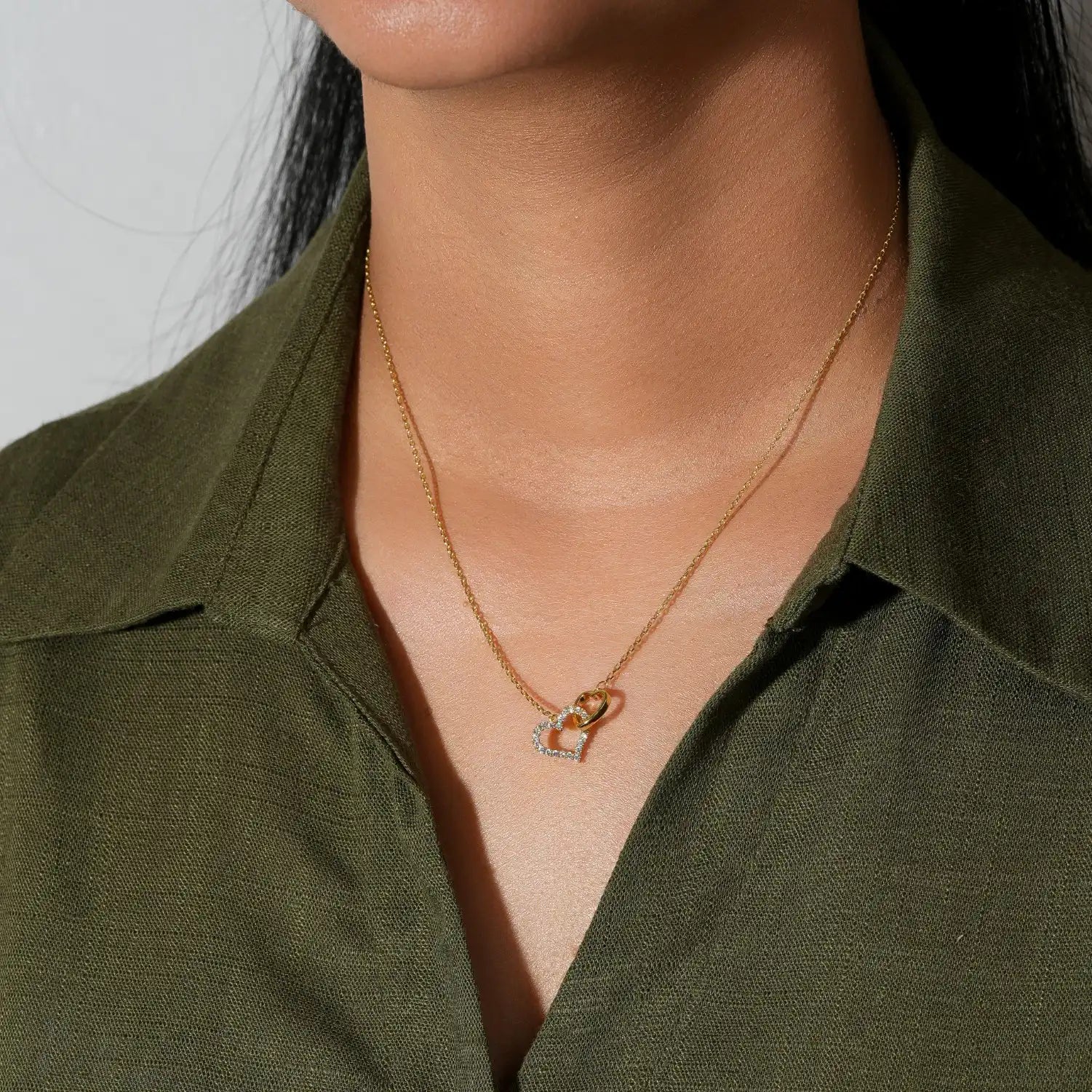 Double Heart Charm Necklace with Crystal Accent