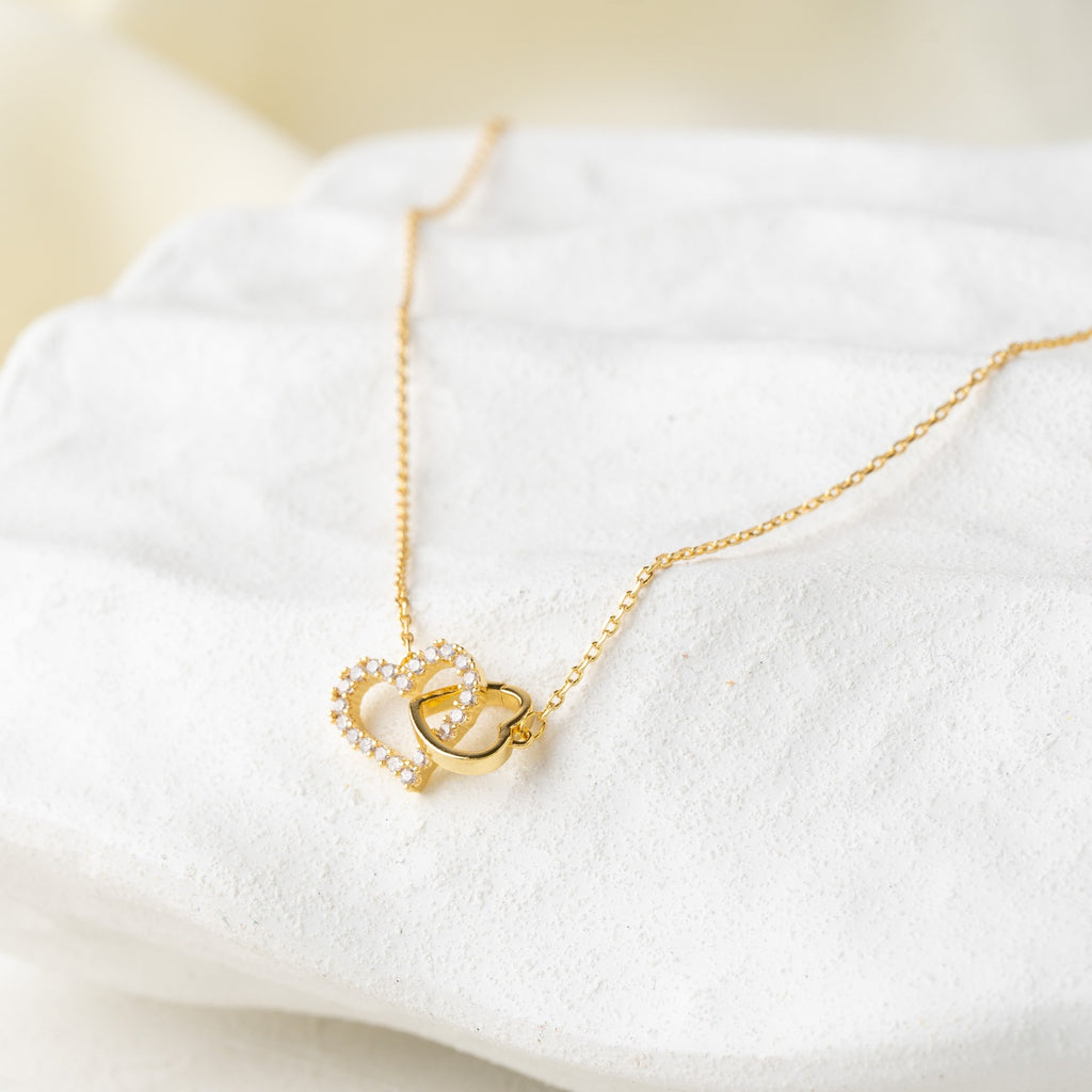 Double Heart Charm Necklace with Crystal Accent