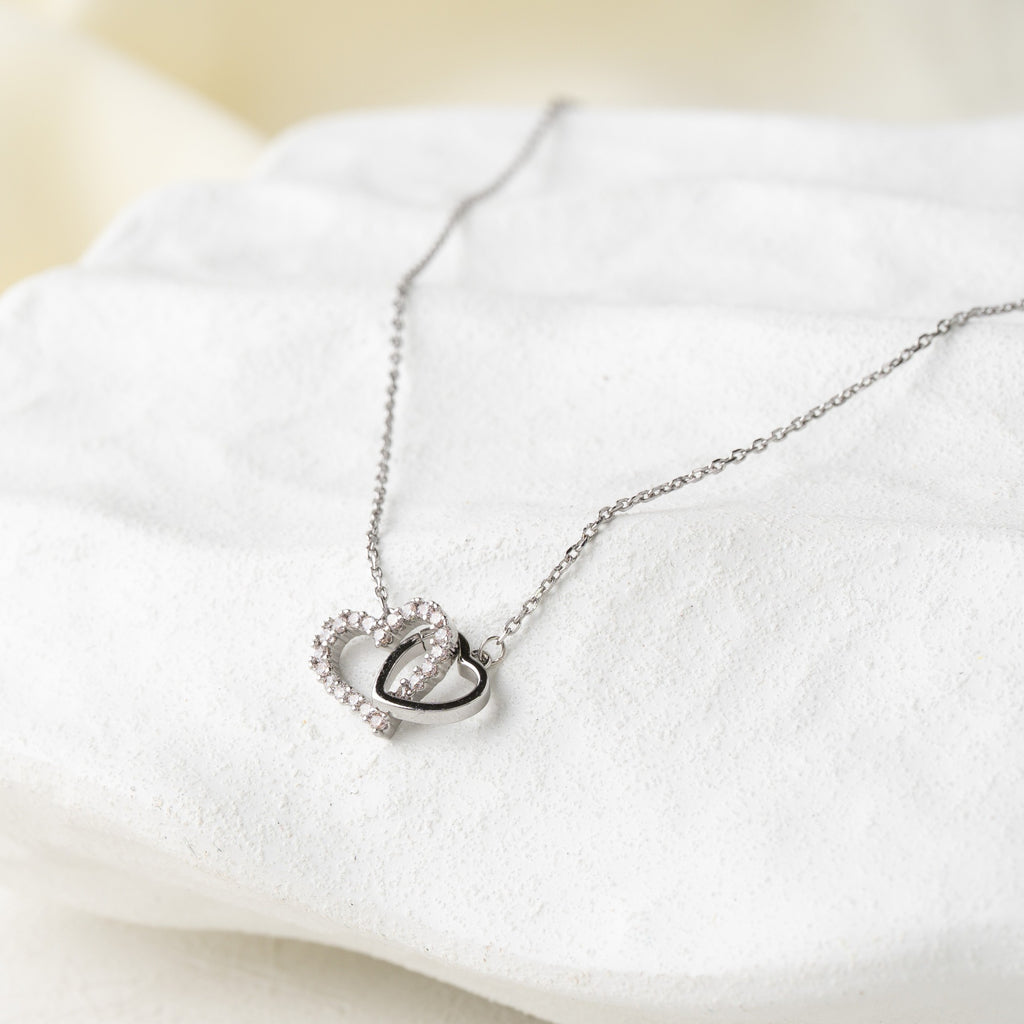 Double Heart Charm Necklace with Crystal Accent