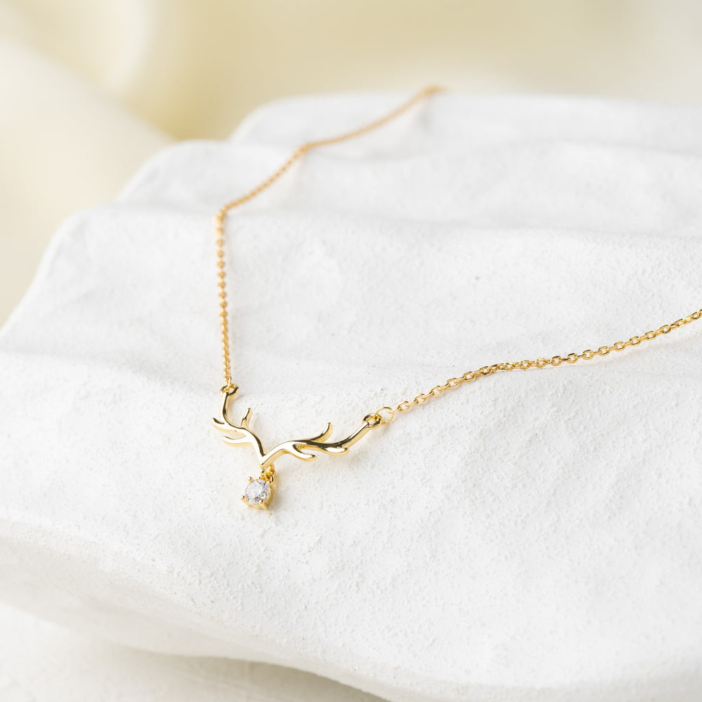 Minimal Antler Pendant Necklace with Crystal Drop