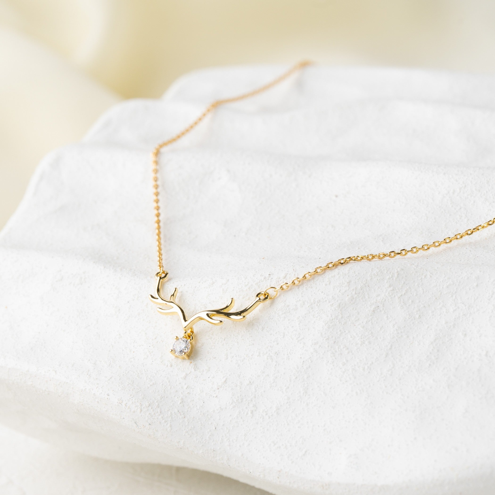 Minimal Antler Pendant Necklace with Crystal Drop