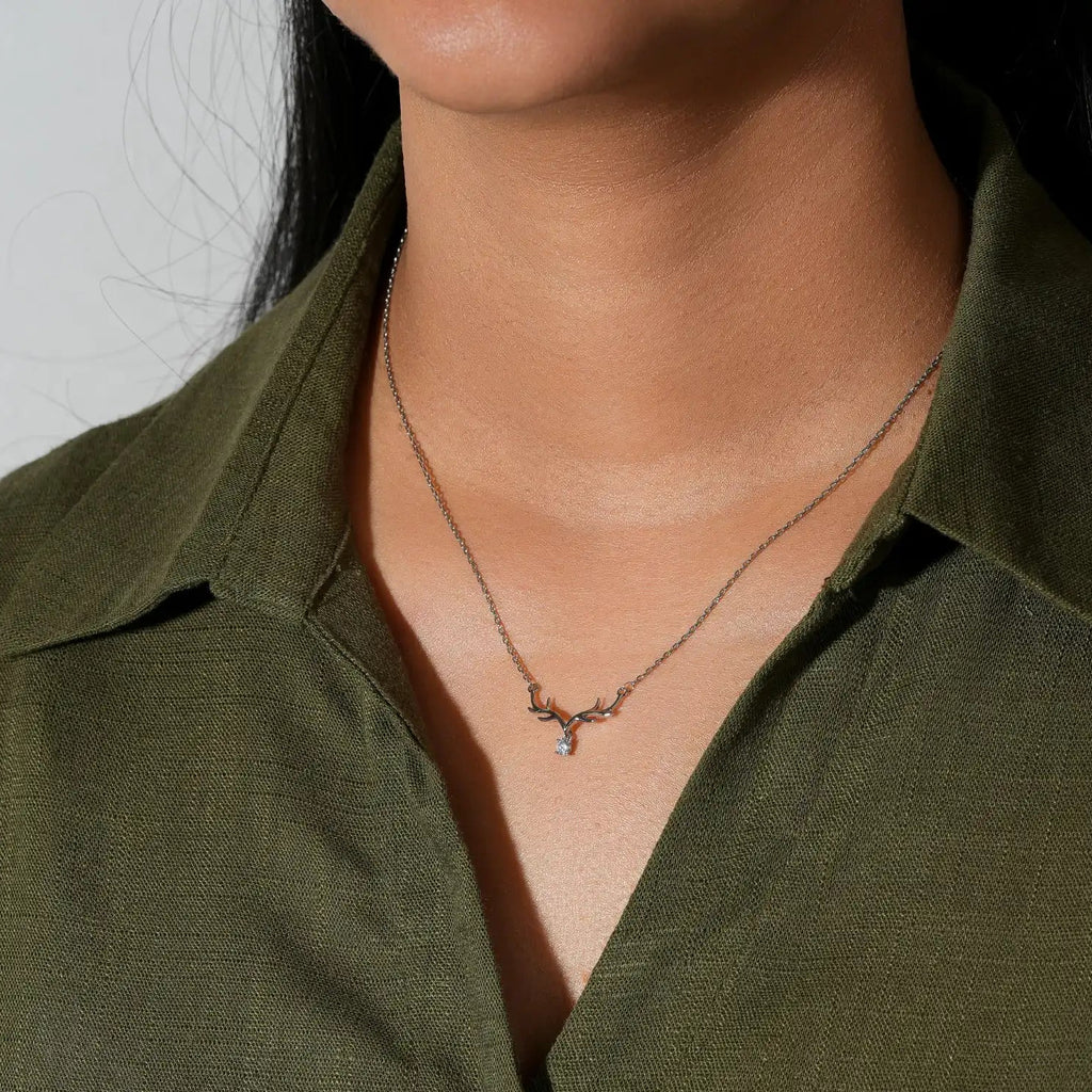 Minimal Antler Pendant Necklace with Crystal Drop