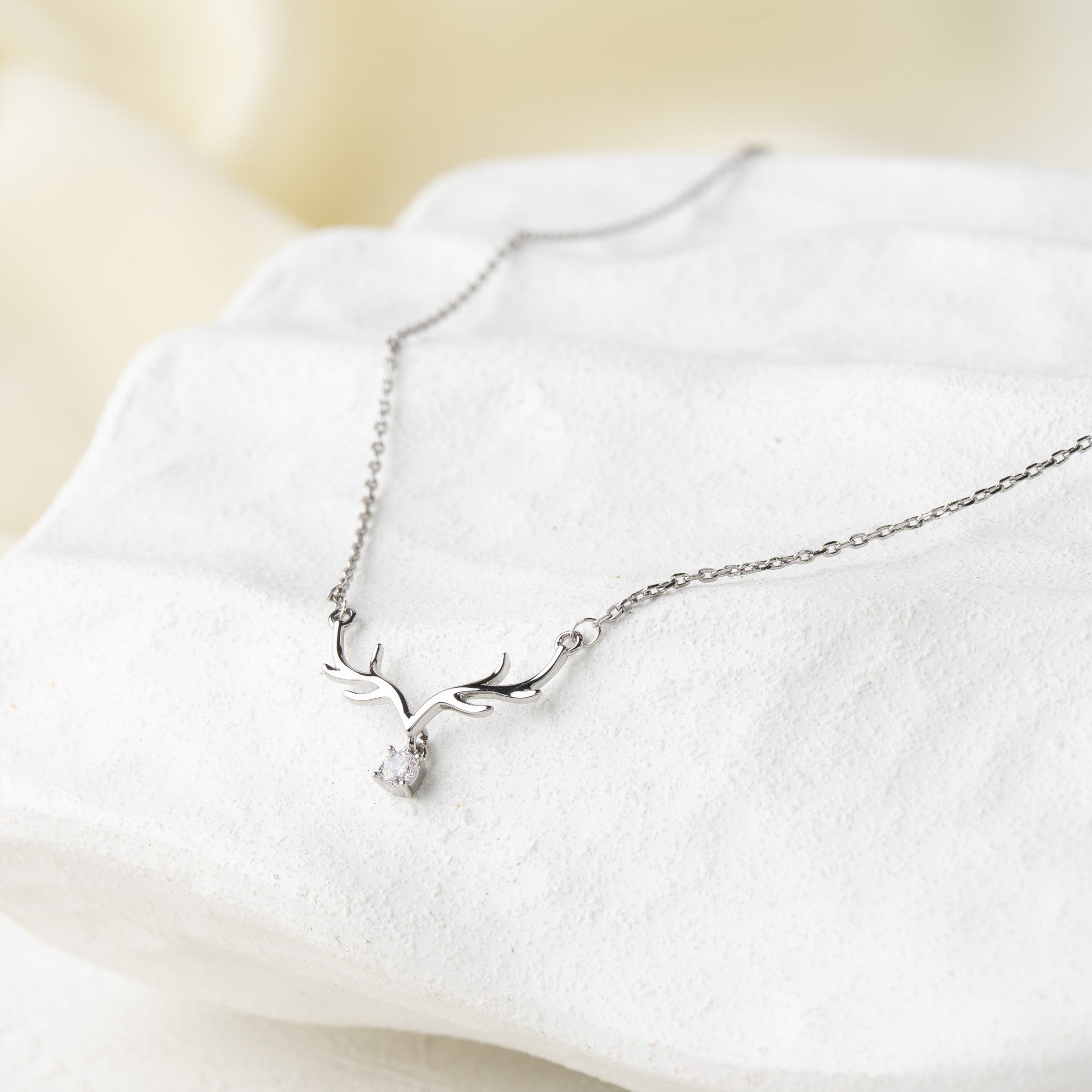 Minimal Antler Pendant Necklace with Crystal Drop