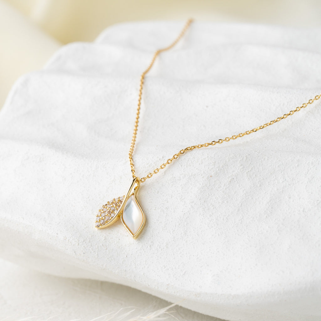 Dual Leaf Pendant Necklace with Crystal & Pearl Accent