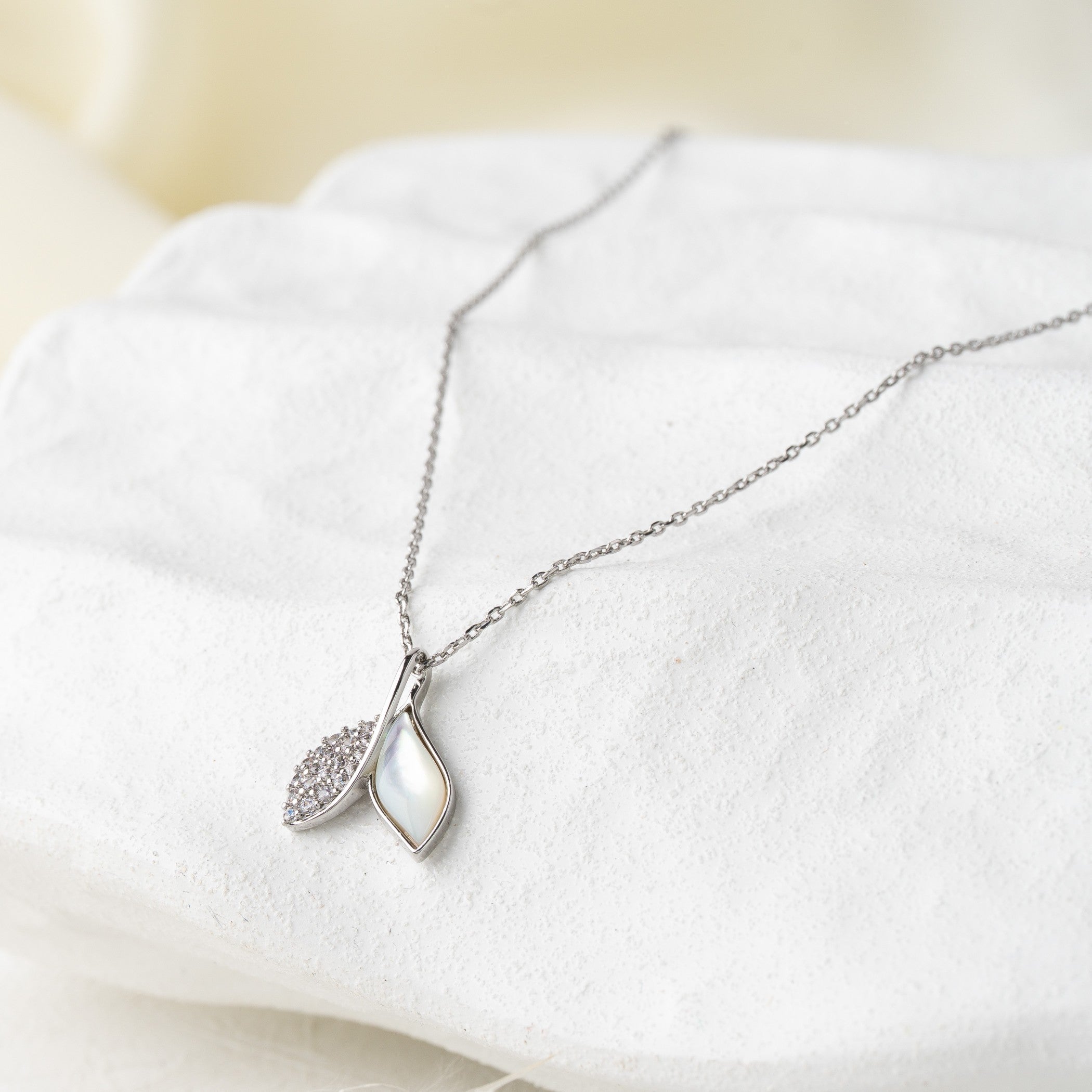 Dual Leaf Pendant Necklace with Crystal & Pearl Accent