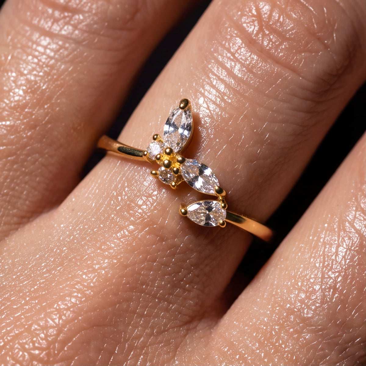 Minimal Floral Spark Ring with Crystal Petals