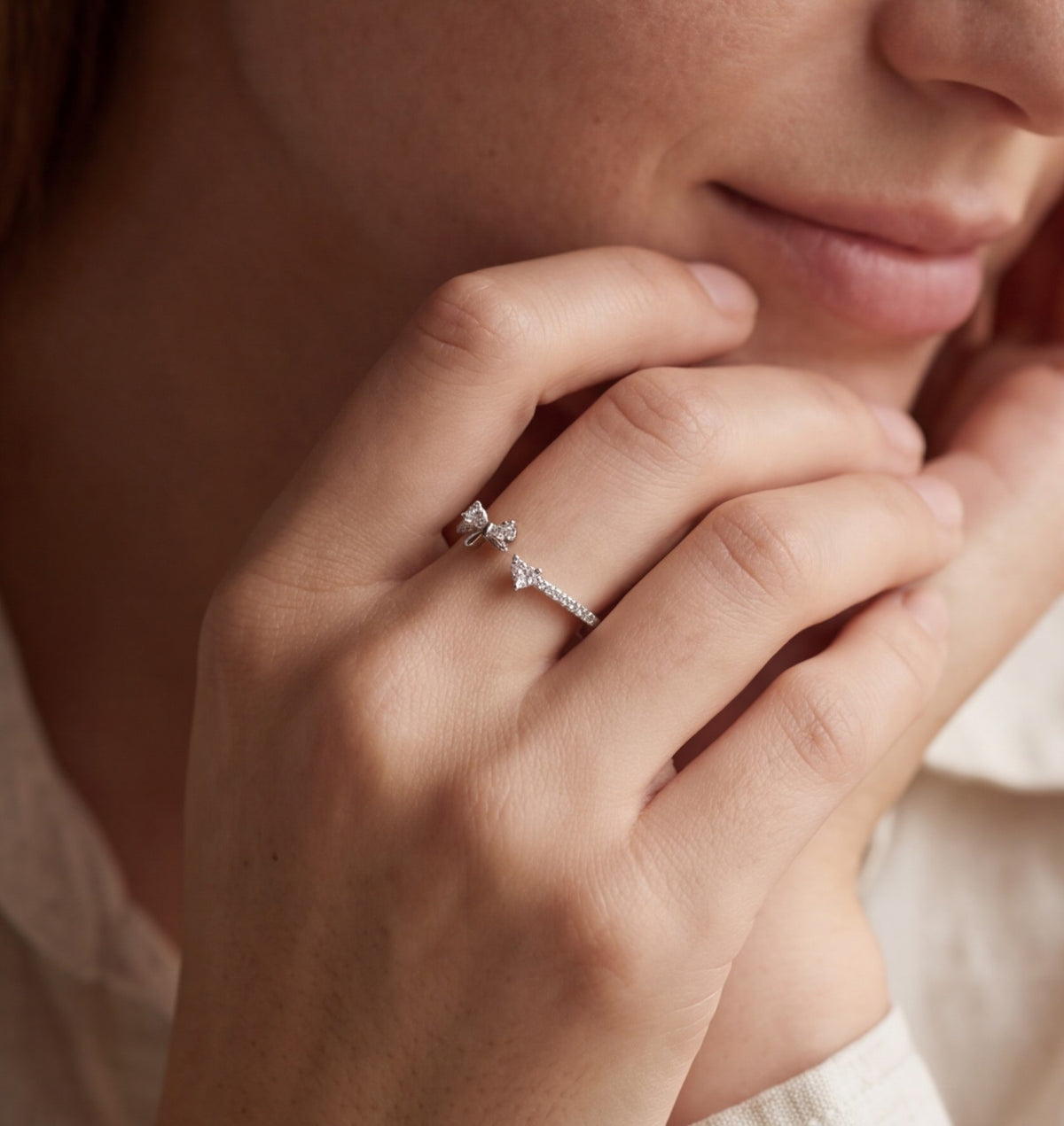 Delicate Bow & Heart Crystal Ring