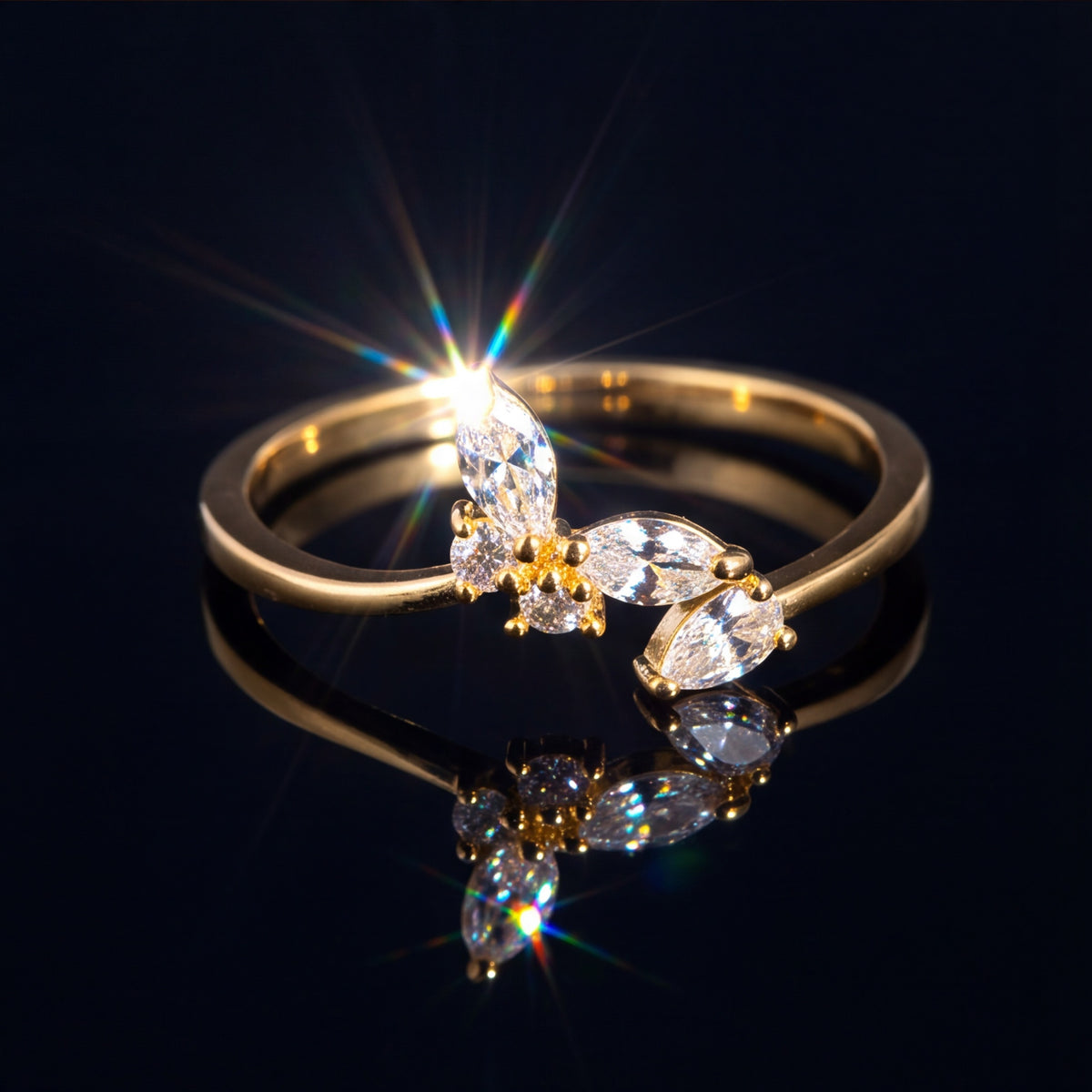 Minimal Floral Spark Ring with Crystal Petals