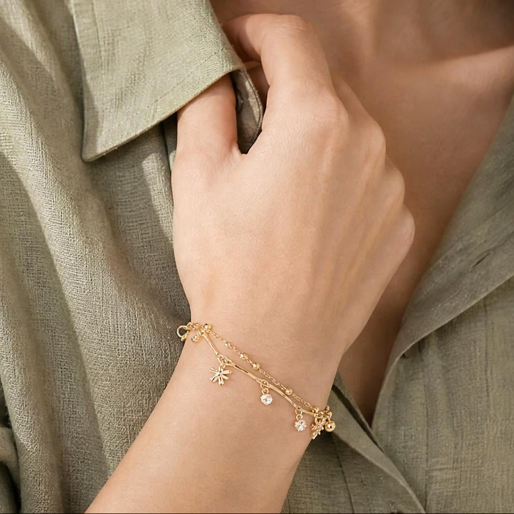 Layered Butterfly Charm & Crystal Adjustable Bracelet