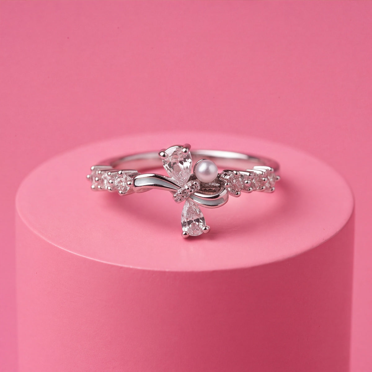 Elegant Bow Pearl & Crystal Ring