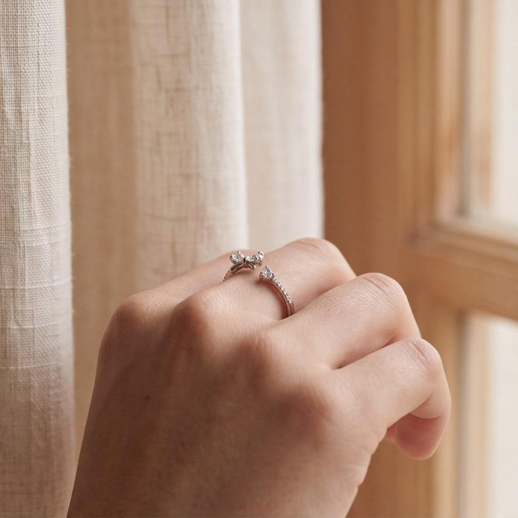 Delicate Bow & Heart Crystal Ring