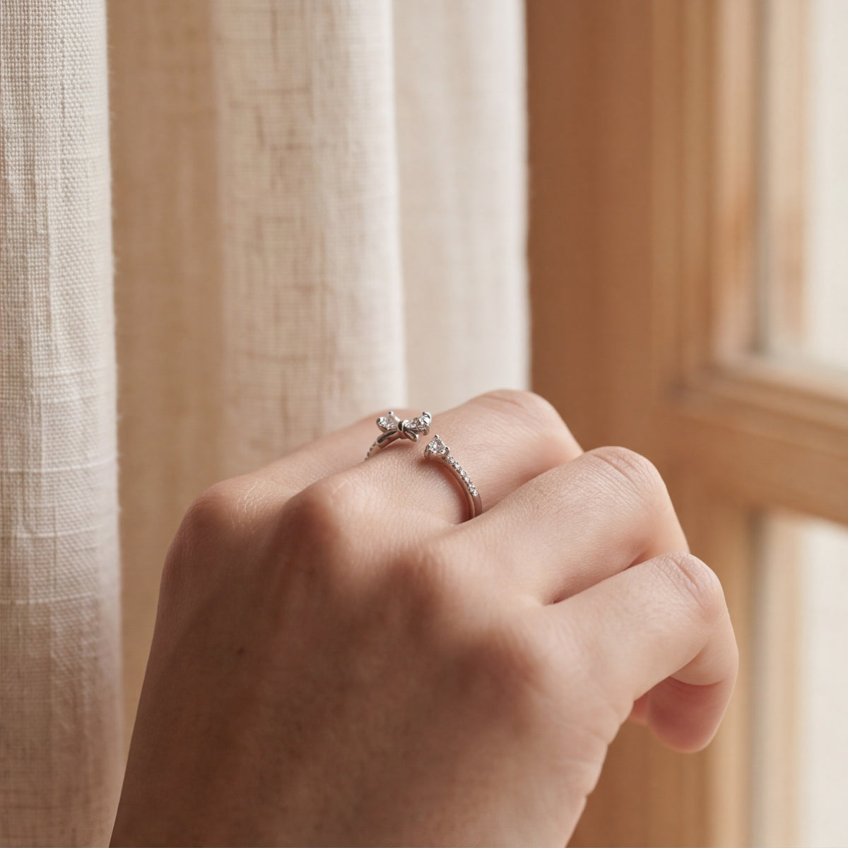 Delicate Bow & Heart Crystal Ring