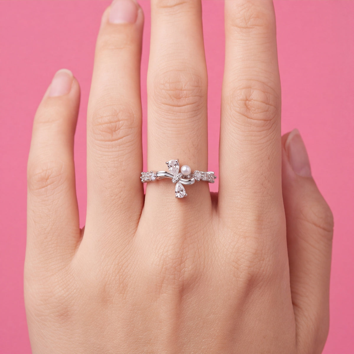 Elegant Bow Pearl & Crystal Ring