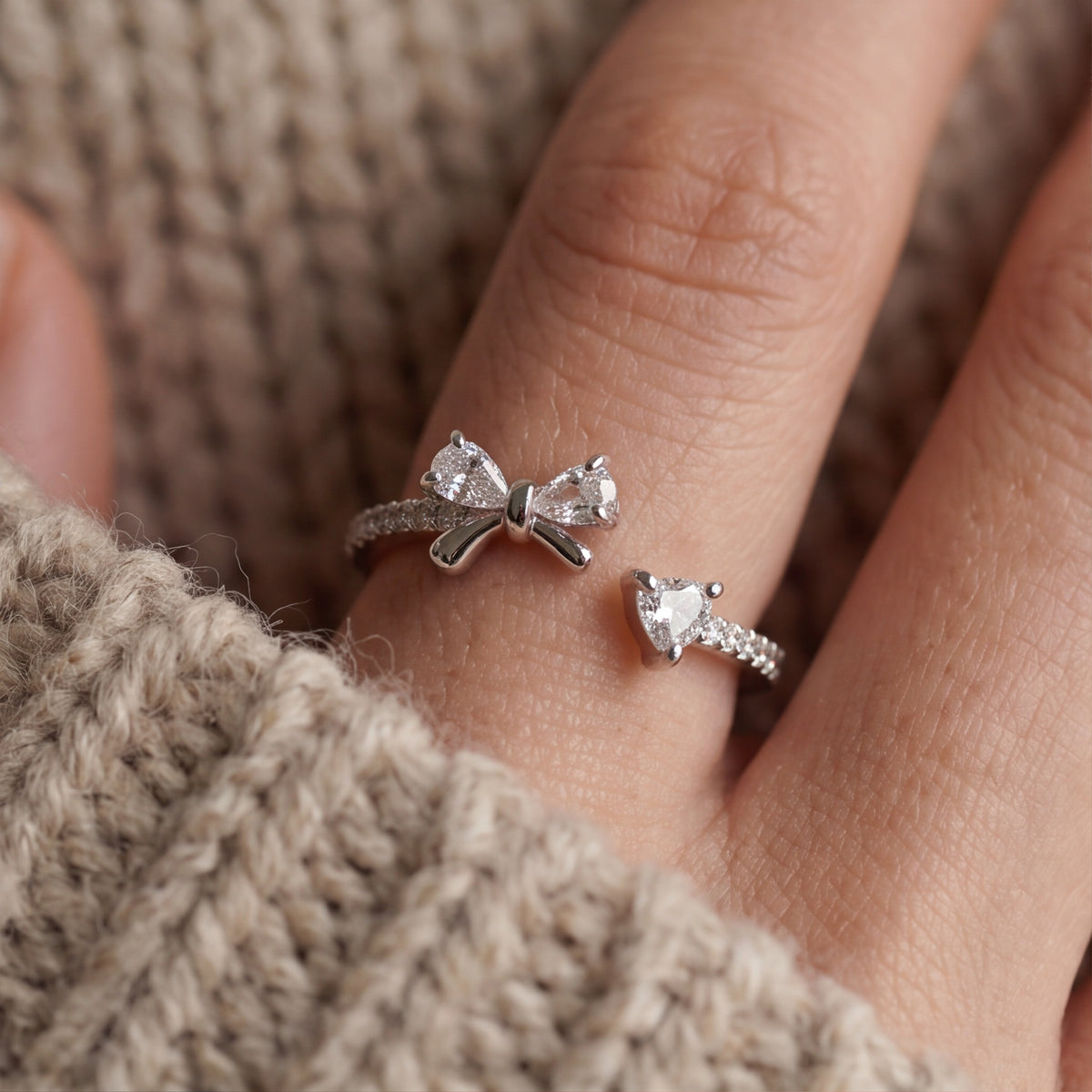 Delicate Bow & Heart Crystal Ring