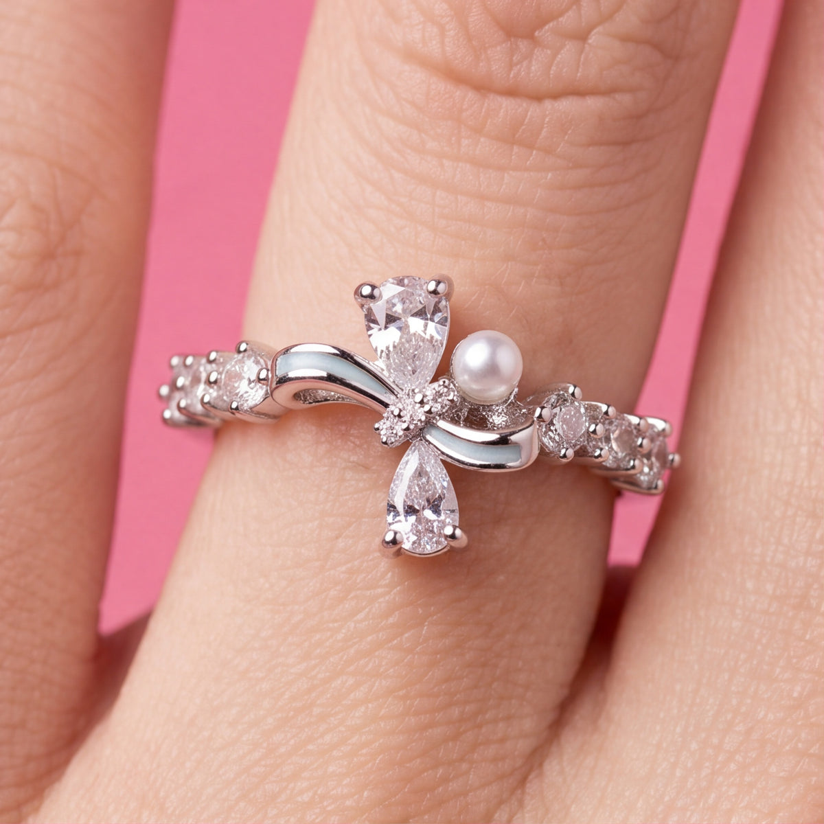 Elegant Bow Pearl & Crystal Ring