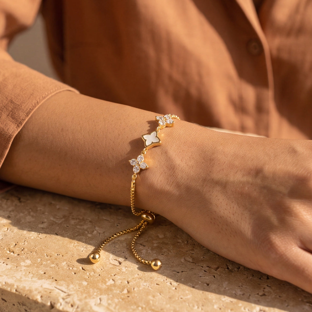 Geometric Clover & Crystal Adjustable Bracelet
