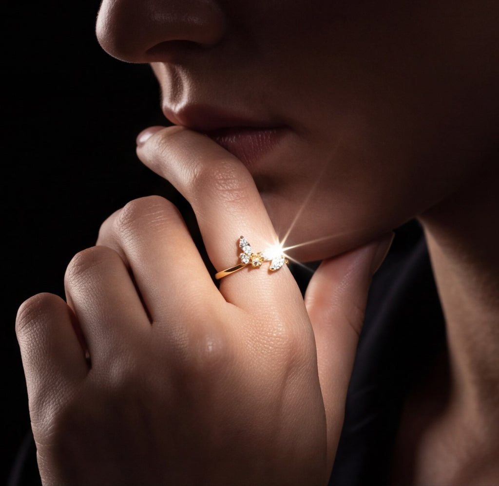 Minimal Floral Spark Ring with Crystal Petals