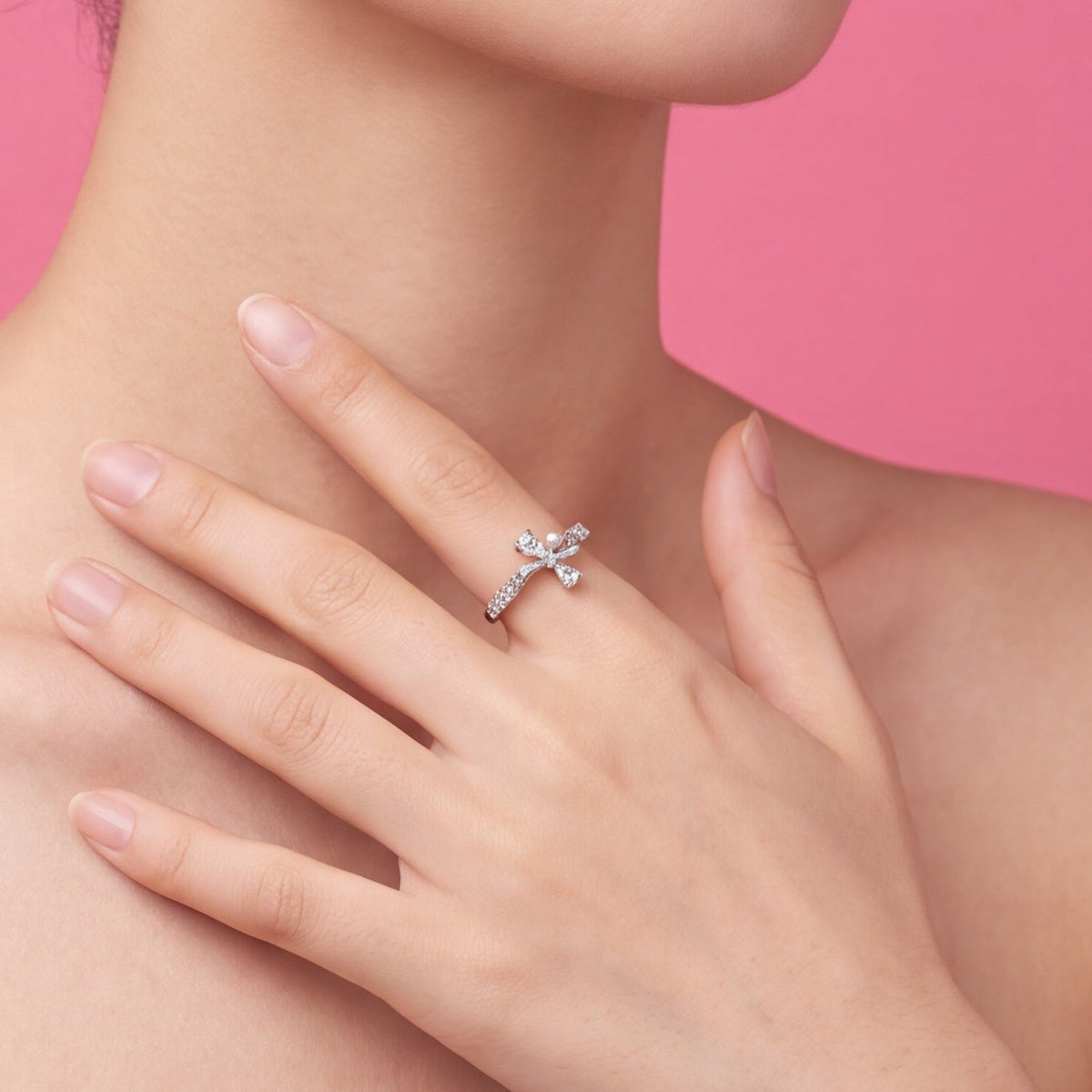 Elegant Bow Pearl & Crystal Ring