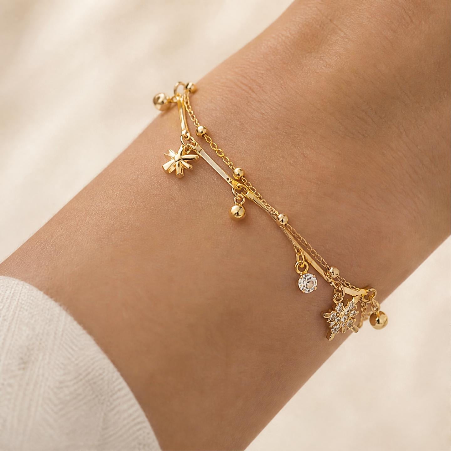 Layered Butterfly Charm & Crystal Adjustable Bracelet