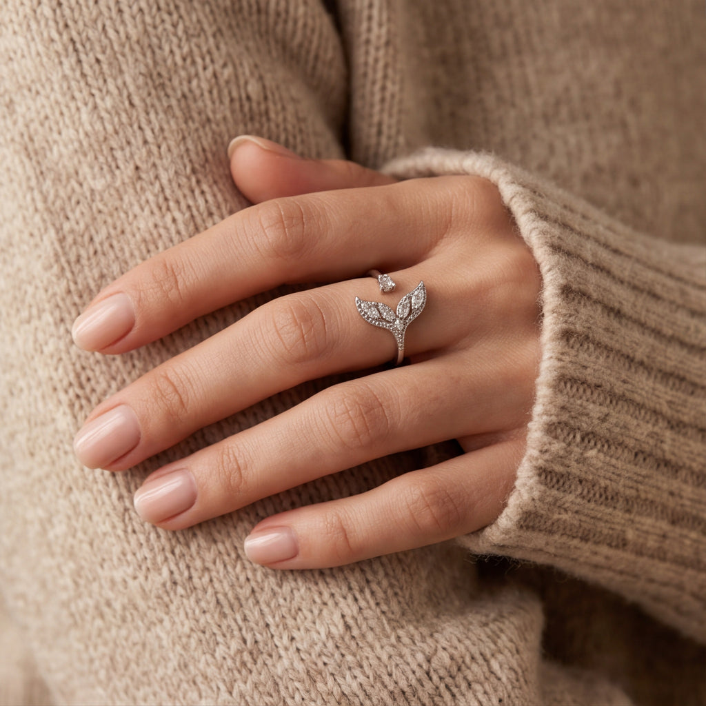 Leaf Crystal Open Ring