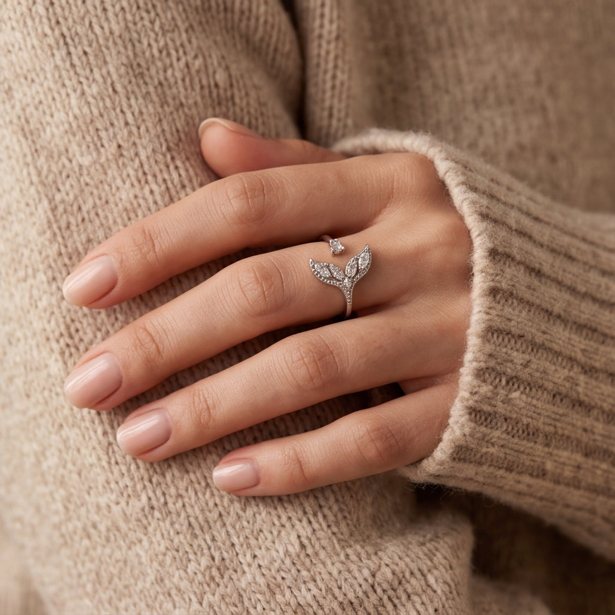Leaf Crystal Open Ring